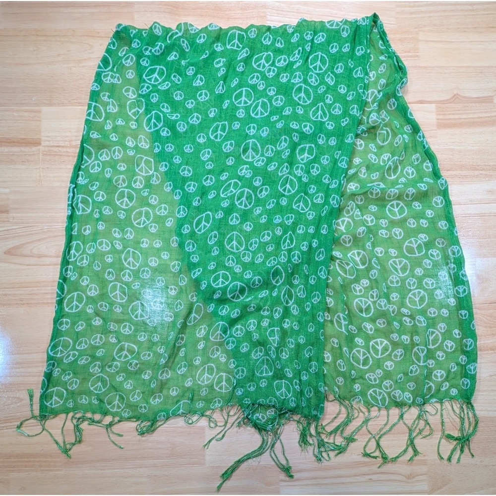 Green Peace Sign Print Lightweight Fringe Scarf Retro Boho Accessory